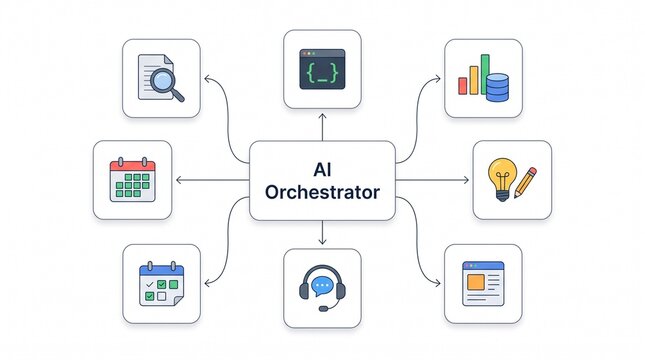 AI orchestrator workflow automation artificial intelligence system interface nodes triggers data tool dashboard coding icon flow process technology integration infographic.
