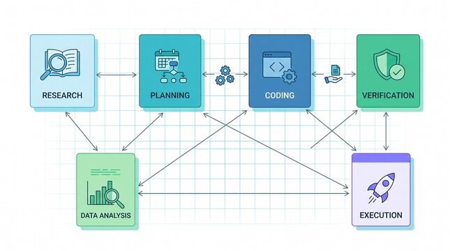 Software development workflow automation process diagram nodes coding planning research verification execution data analysis pipeline algorithm project management lifecycle interface