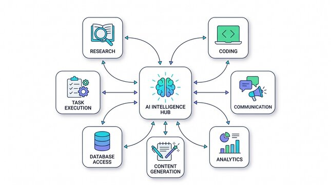 AI workflow automation artificial intelligence hub software interface nodes diagram data research coding database analytics communication task process infographic tool technology