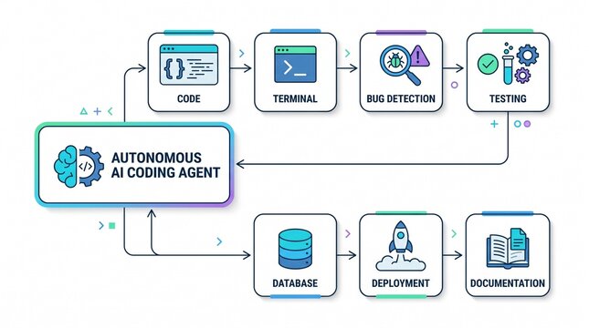 Autonomous AI coding agent workflow automation infographic showing artificial intelligence software engineering pipeline with code terminal bug detection testing deployment database