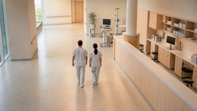 Clinic staff walking past a nurse station