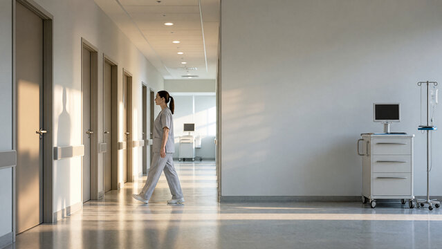 Clinic staff walking past consultation room doors
