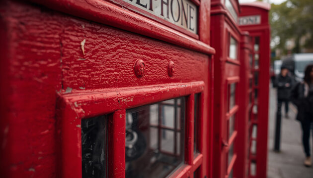 Close up detail of red British telephone box surface with rivets