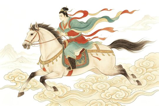 Traditional Chinese Painting Female Immortal Riding White Horse Galloping On Clouds With Flowing Ribbons