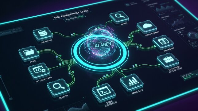 AI agentic workflow automation artificial intelligence agent MCP connectivity layer software interface nodes database api analytics dashboard code execution technology 3d rendering