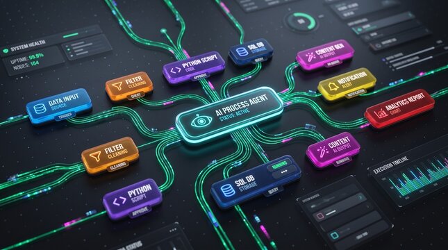 AI process agent workflow automation artificial intelligence software interface nodes triggers pipeline data coding dashboard analytics flow diagram network database 3d rendering