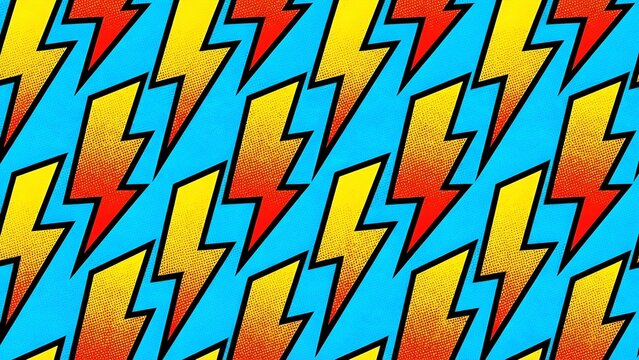 A vibrant and energetic seamless pattern of stylized lightning bolts in red and yellow, set against a bright blue background. The bolts are angled and arranged in a repeating diagonal formation.