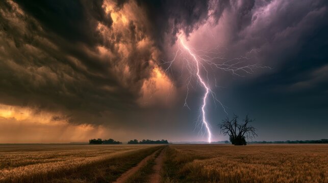 Dramatic Thunderstorm with Lightning Striking Over Wheat Field Under Dark Clouds and Gloomy Sky During Evening in Rural Landscape