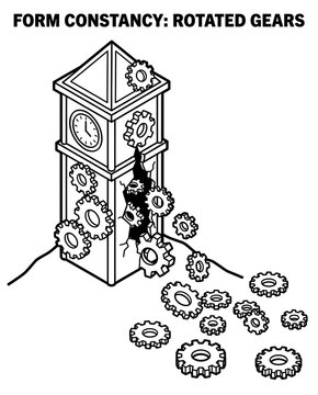 Shape Recognition and Spatial Awareness for Children Conceptual Illustration of Clock Tower with Gears Isometric Form Constancy Learning Activity Kids Visual Perception Coloring Worksheet