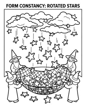 Shape Recognition and Spatial Awareness for Children Wizards Catching Falling Stars in Whimsical Illustration Isometric Form Constancy Learning Activity Kids Visual Perception Coloring Worksheet