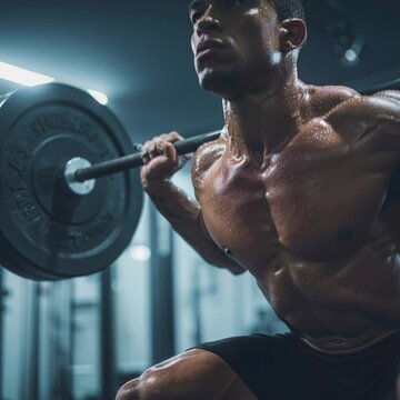 Athletic man with a muscular physique doing heavy barbell squats during an intense gym workout
