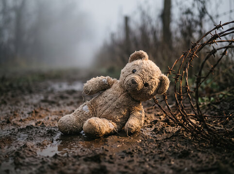 Abandoned Dirty Teddy Bear Lying Near Barbed Wire
