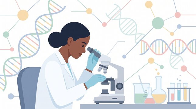 Scientist examining slide under microscope in lab