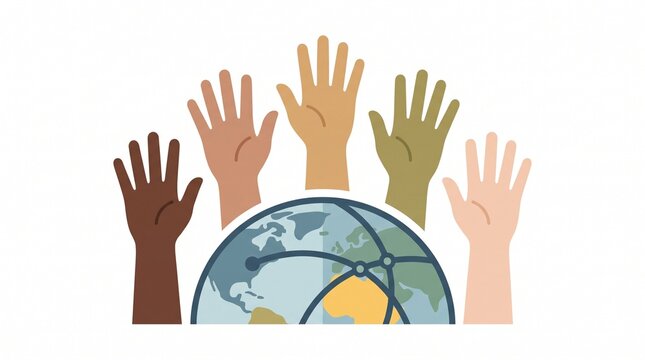Diverse hands raised around globe illustration