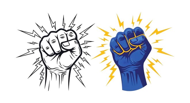 Fist icon set showing strength and power with electric lightning effect