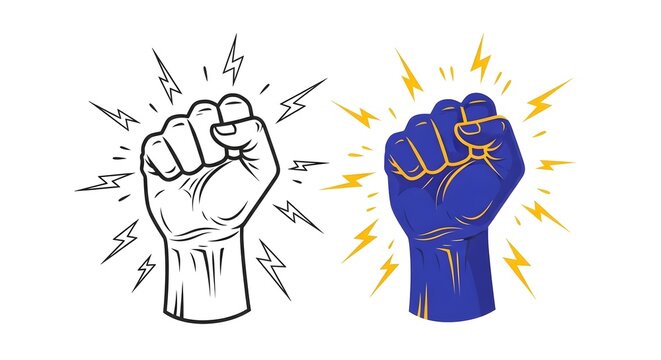 Fist icon set showing a powerful clenched hand with lightning bolts