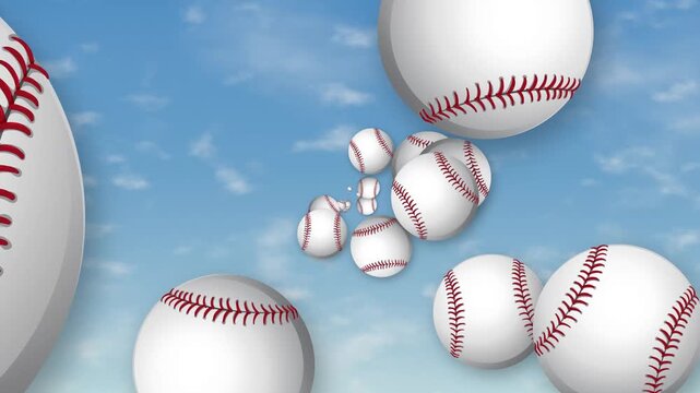 Multiple Baseballs Flying Toward Camera Against Blue Sky Background