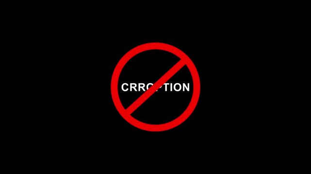 Anti-corruption concept animation featuring a bold red prohibition symbol over the word corruption, representing integrity, ethics, transparency, and the fight against fraud in business and politics