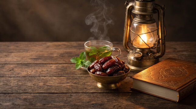 Ramadan kareem concept with dates bowl tea and glowing lantern