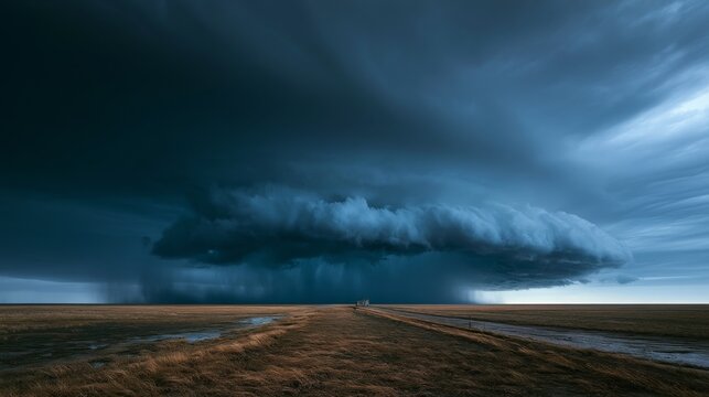 Dramatic Storm Clouds Over Open Prairie Landscape with Dark Skies and Approaching Rain Showers in a Rural Setting