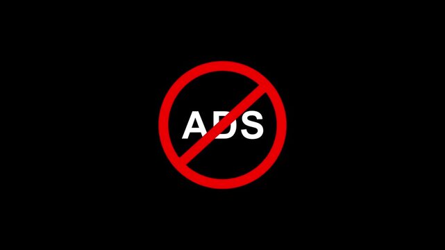 No ads symbol sign animation on black background, digital marketing concept, advertising blocked warning, internet privacy protection, user experience ui minimalist overlay
