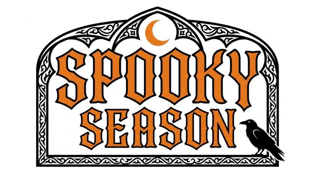 Spooky Season text logo with a black raven and a crescent moon