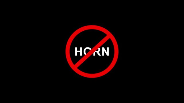 No horn allowed traffic sign symbol animation featuring a bold red prohibition circle and clear white text on a solid black background, for urban noise, pollution control and, road safety regulations