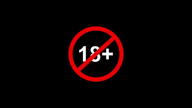 18 plus age restriction warning sign featuring a bold red circle and diagonal strike-through line isolated on a clean black background, for moderation and, parental guidance