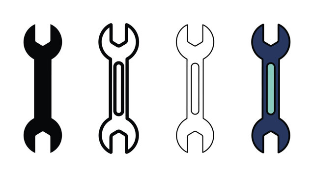 Four stylized wrench in solid, outline, and flat color variations