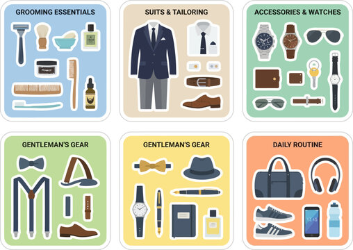 A comprehensive collection of essential male accessories including grooming tools tailored suits and stylish lifestyle items organized into categorical squares to assist with personal fashion