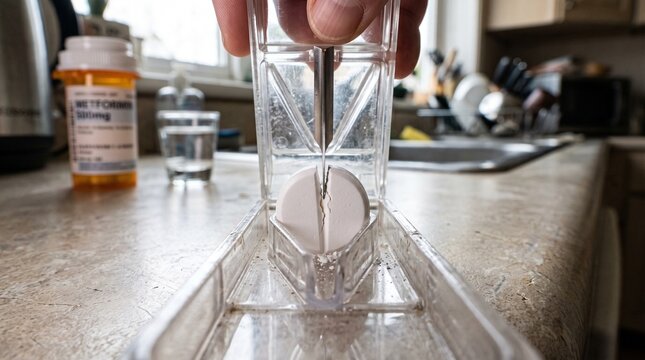 Close-up of a hand splitting a Metformin pill with a pill cutter on a kitchen counter.