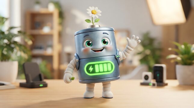 Friendly robot character with glowing battery and flower