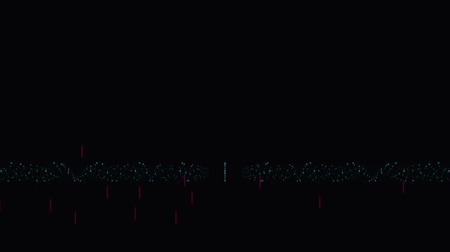 Abstract digital visualization of data points and vertical light streaks on a black background