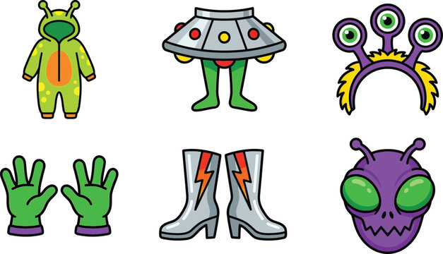Collection of alien costume elements including a green jumpsuit UFO hat headband gloves boots and face flat vector illustrations for party or Halloween themes