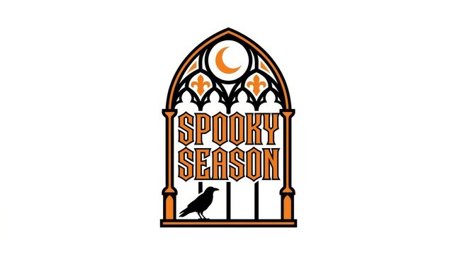 Spooky Season text logo with a black raven and gothic arch window