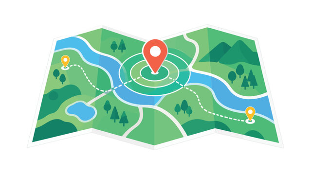 Folded map navigation concept with red location pin and dashed route line for travel destination planning