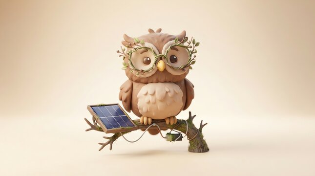 Owl wearing plant glasses near solar panel on branch