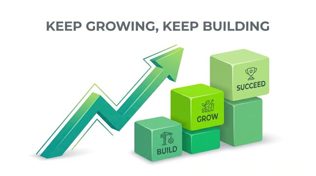 Business growth and financial success vector illustration. Green upward trending arrow chart with stacked blocks labeled build grow and succeed. Corporate strategy marketing concept graphic design