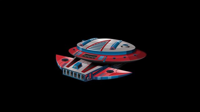 Retro Red and Blue Spaceship Floating on Black Background