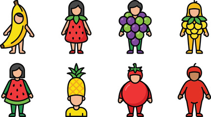 Fototapeta premium Collection of cute fruit character costumes fun vector illustrations for kids party invitations and educational materials isolated on white