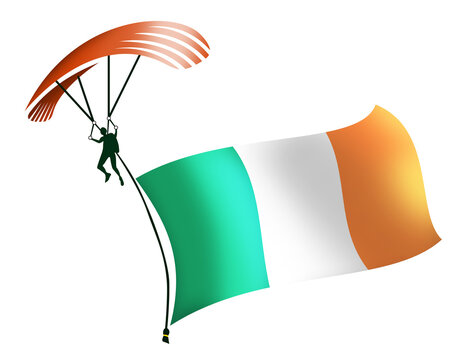 A skydiver, A paratrooper, A parachutist carrying a flag of Ireland