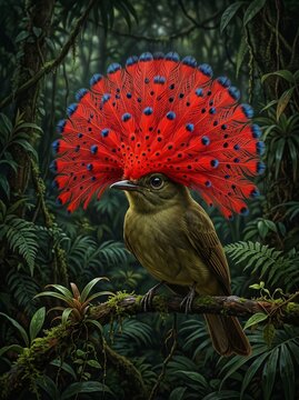 Royal Flycatcher Bird with Expanded Fan Shaped Red Crest Close Up
