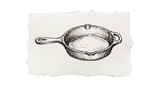 Cast iron frying skillet pencil drawing on torn paper scrap, kitchen cooking pan, transparent background