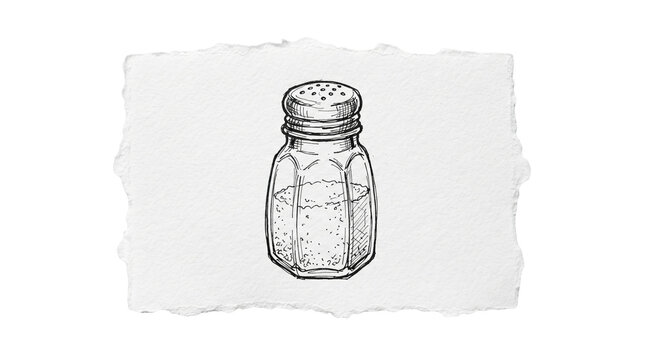 Glass salt shaker pencil drawing on torn paper scrap, kitchen condiment dispenser, transparent background