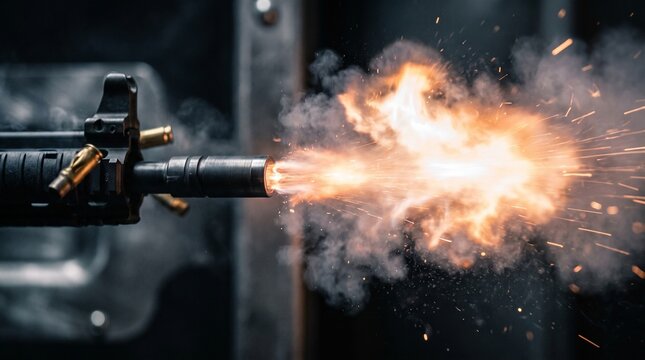 Close-up of a rifle firing with a bright muzzle flash, sparks, smoke and ejected brass casings at an indoor shooting range, high-speed action shot