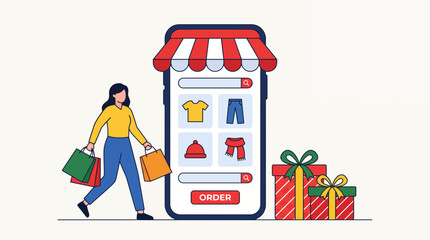 Fototapeta premium Woman shopping online with mobile device displaying clothing and accessories in e-commerce storefront setting