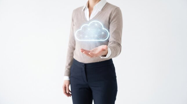 Cloud computing and data management concept photo. Businesswoman holding glowing digital cloud network icon in open palm. Modern technology infrastructure and secure online storage solution