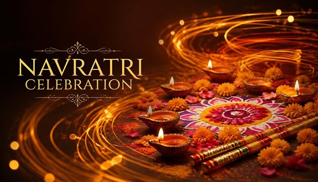 Navratri celebration with glowing lights swirls and traditional rangoli pattern