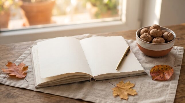 Open notebook with blank pages on a rustic wooden table with scattered autumn leaves and walnuts autumn desk fall writing walnuts bowl blank page