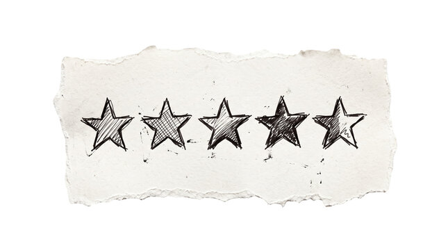 Five star rating review pencil sketch on torn paper scrap, customer feedback score symbol, transparent background
